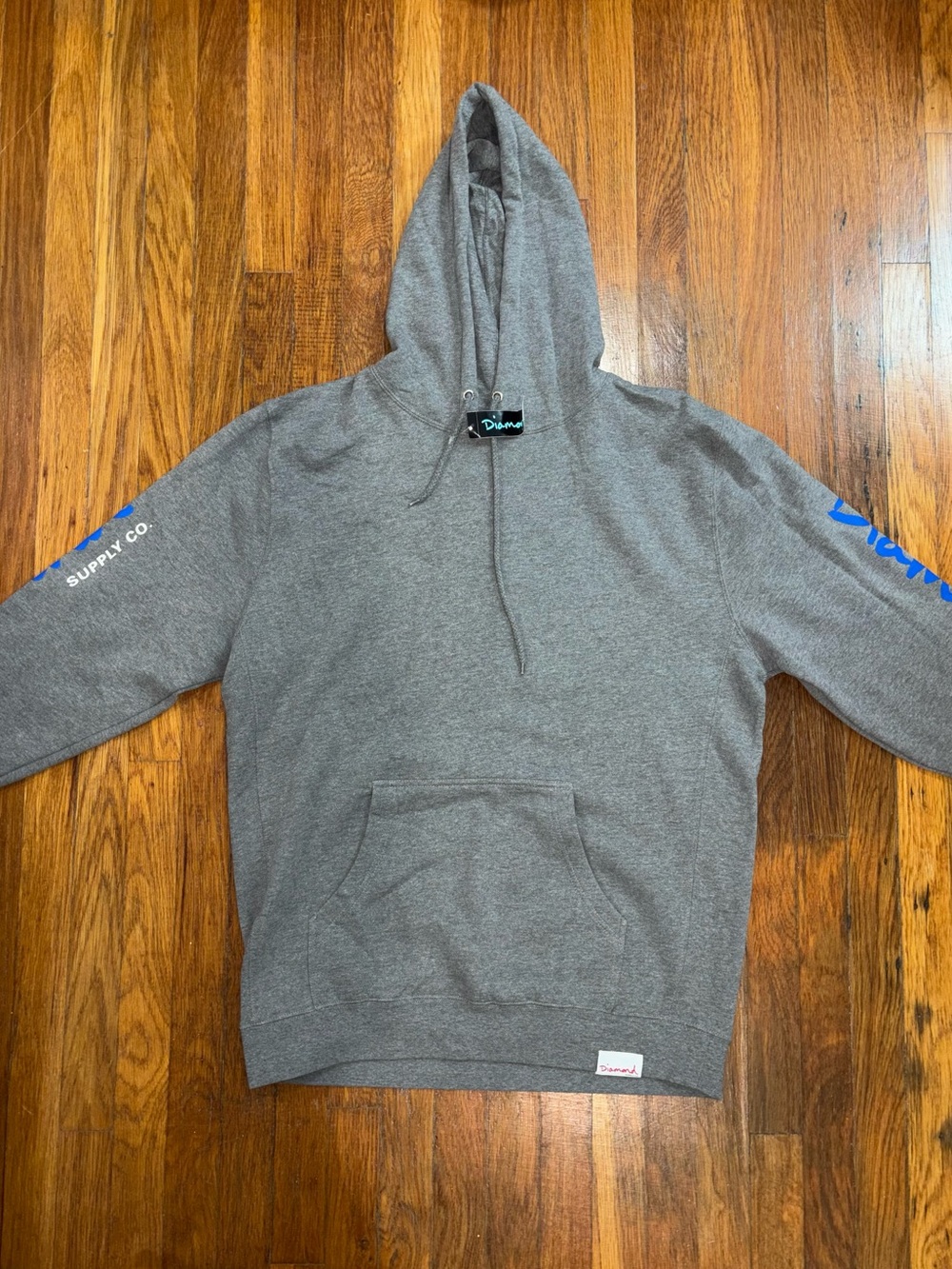 Diamond Supply Co. Heather Gray Pullover Hoodie with Blue Sleeve Script